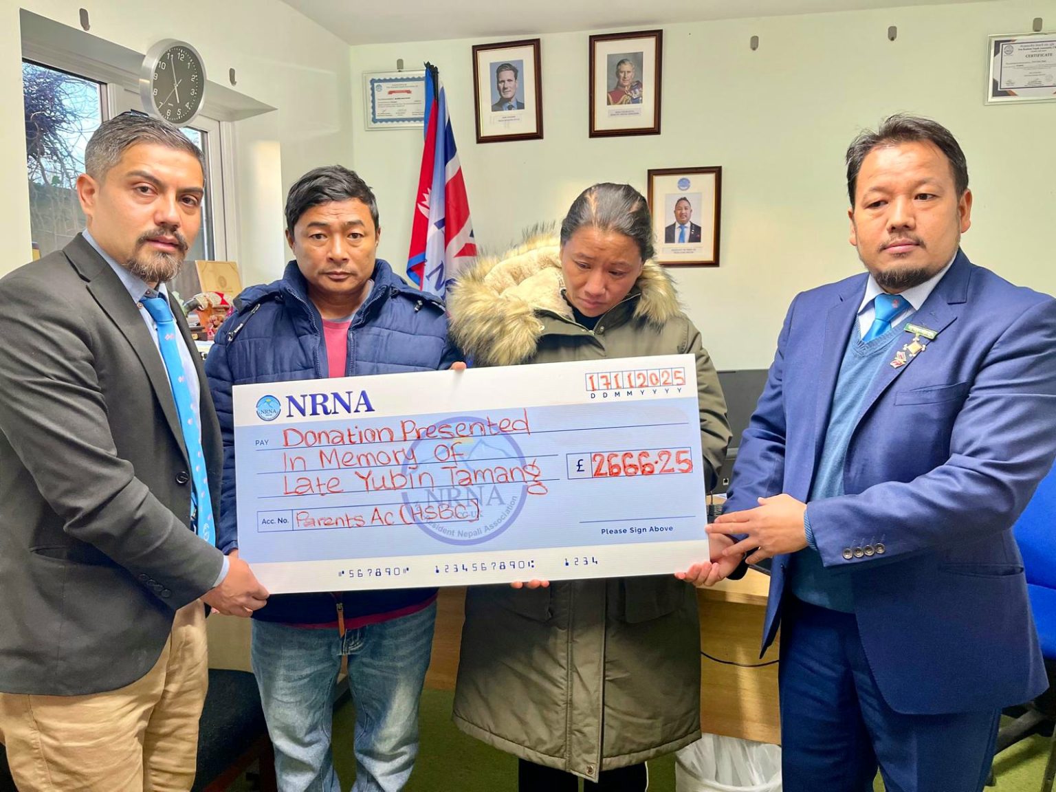 सडक दुर्घटनामा निधन भएका युविनको परिवारलाई एनआरएनए यूकेद्वारा सहयोग हस्तान्तरण