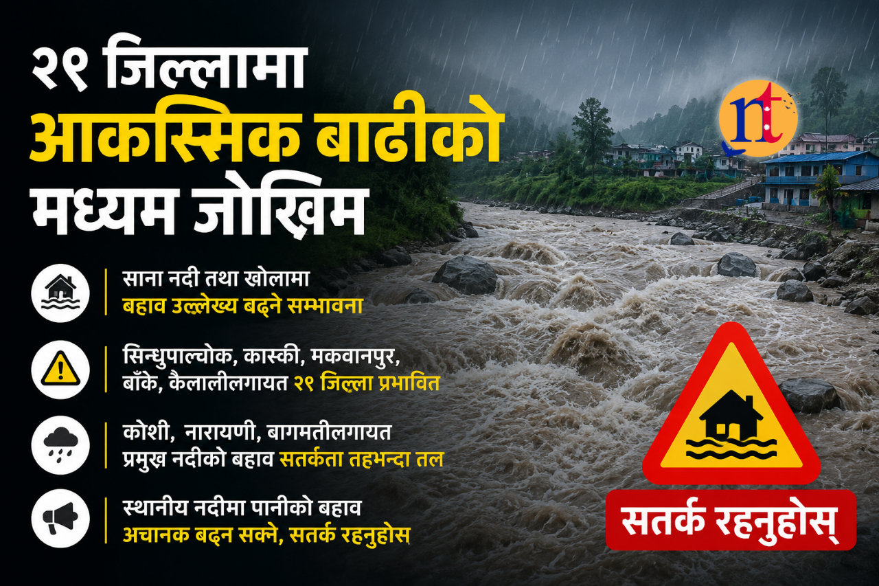 २९ जिल्लाबाट बहने साना नदी तथा खोलामा आकस्मिक बाढीको जोखिम
